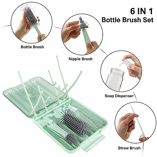 6 in 1 bottle brush set with bottle brush, nipple brush, soap dispenser, and straw brush in a green case.