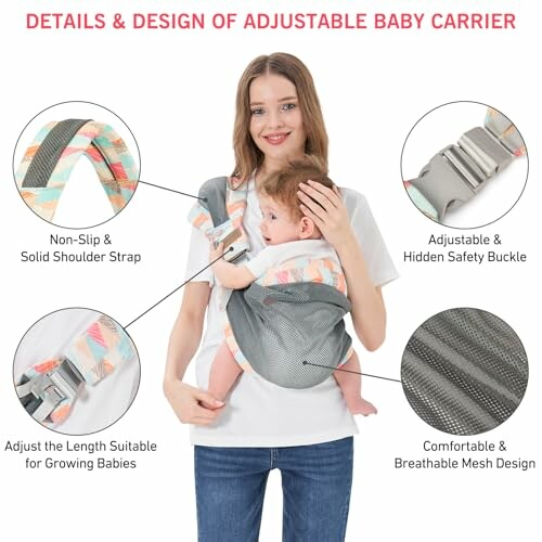 Woman holding baby in adjustable carrier with features highlighted.