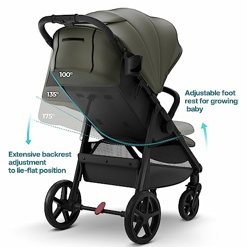 Baby stroller with adjustable backrest and footrest.