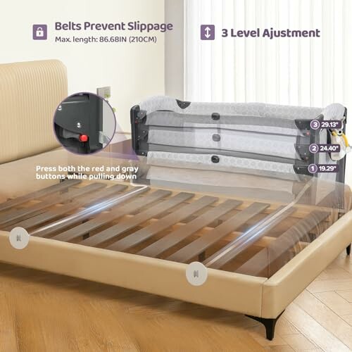 Adjustable bed rail with slippage prevention belts.