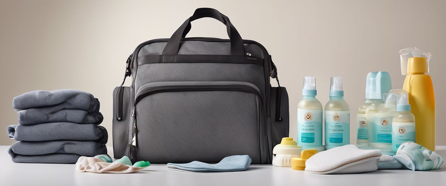 Diaper bag filled with baby travel accessories.