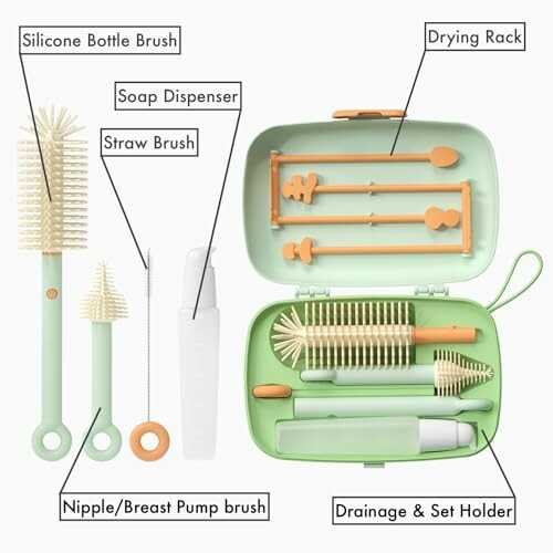 Baby bottle cleaning kit with brushes, drying rack, and soap dispenser.