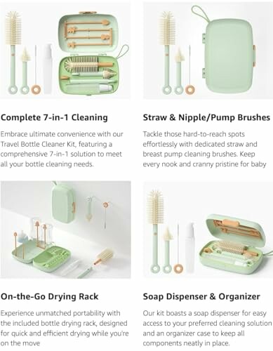 Green baby bottle cleaning kit with brushes and drying rack.