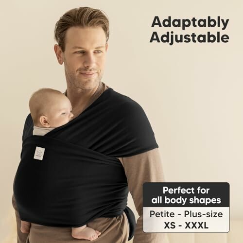 Man wearing a baby carrier with a baby, labeled adaptably adjustable.