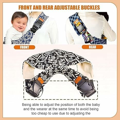 Front and rear adjustable buckles on a baby carrier.