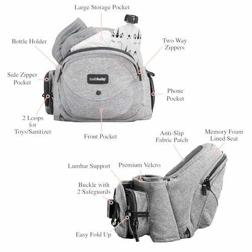 Gray baby carrier with multiple pockets and features labeled