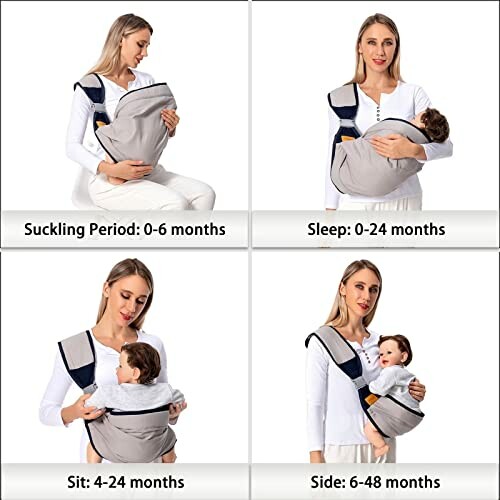 Woman demonstrating four baby carrier positions for different age ranges.