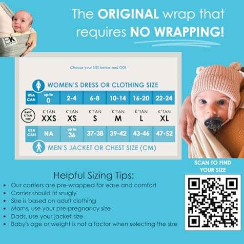 Baby carrier sizing guide with helpful tips and QR code.