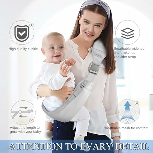 Woman holding baby in a sling with product features highlighted