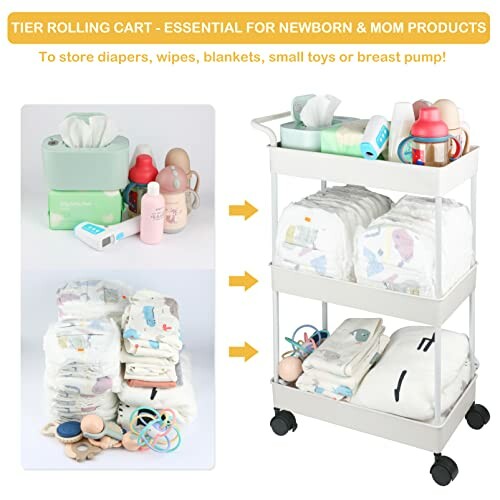 Tier rolling cart with baby essentials like diapers, wipes, bottles, and toys.