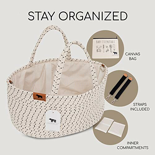 Canvas baby organizer basket with straps and compartments.