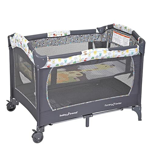 Baby Trend nursery center playard with mesh sides and wheels.