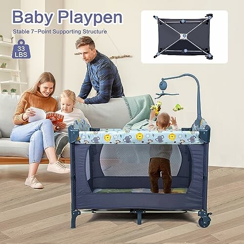 Baby playpen with stable 7-point supporting structure, family in background.