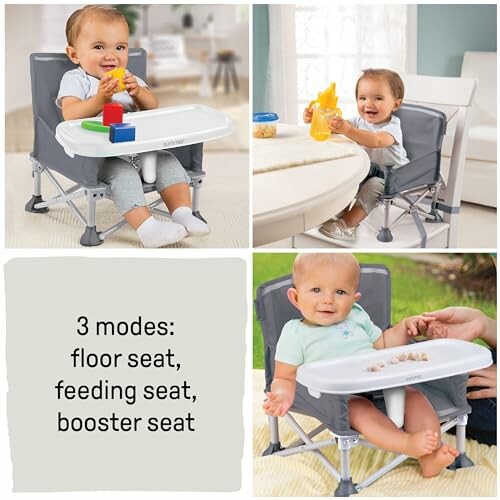 Baby in a convertible seat with three modes: floor seat, feeding seat, booster seat.