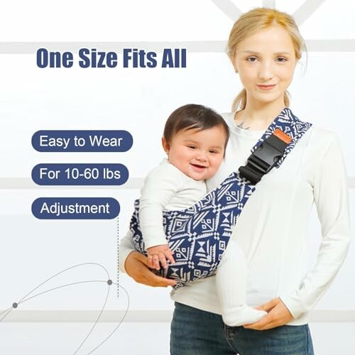 Woman holding baby in a blue patterned sling carrier, text reads 'One Size Fits All, Easy to Wear, For 10-60 lbs, Adjustment'