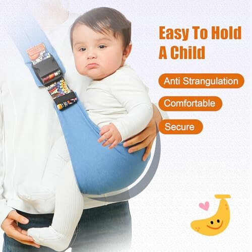 Adult holding a baby in a sling carrier with text about comfort and security.