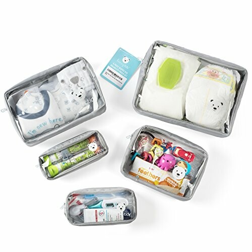 Set of travel organizer pouches with baby essentials.