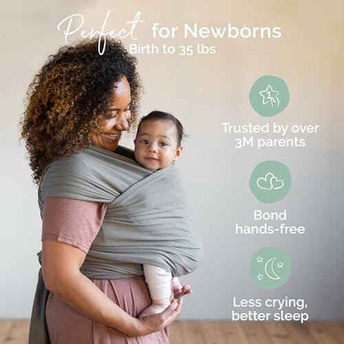 Woman holding baby in a wrap carrier with text about benefits for newborns.