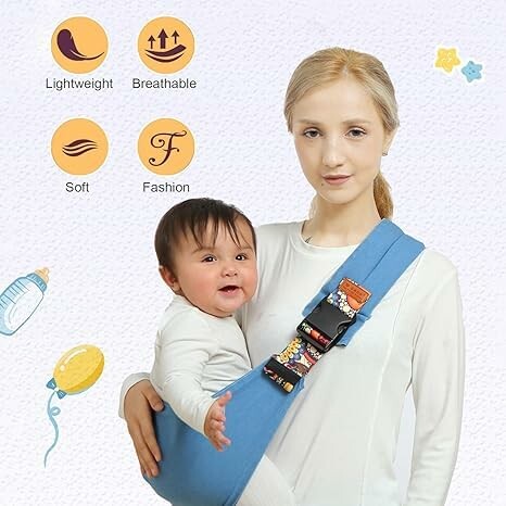 Woman carrying baby in a blue sling with product features listed.