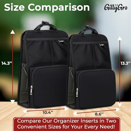 Two backpack organizers showing size comparison with dimensions.