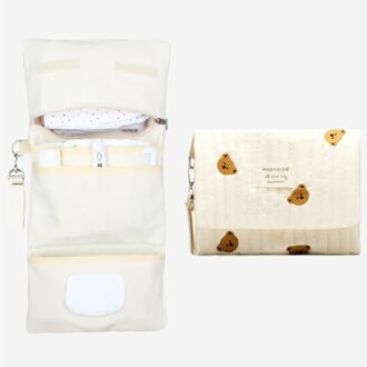 Cream bag organizer with bear pattern, open and closed view.