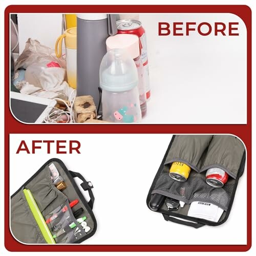 Before and after image showing cluttered items versus neatly organized in a case.