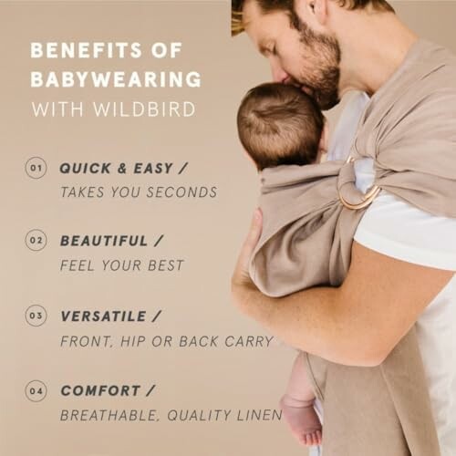 Father holding baby in a sling, highlighting benefits of babywearing with Wildbird.