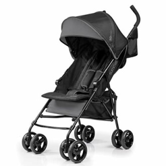 Black baby stroller with canopy and four wheels