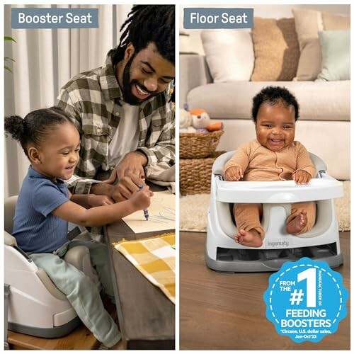 Two images showing a child in a booster seat and another child in a floor seat.