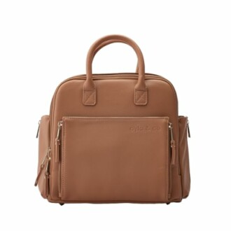 Brown leather backpack with multiple compartments.