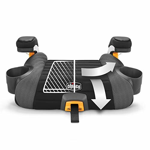 Black and gray car seat booster with armrests and safety features.