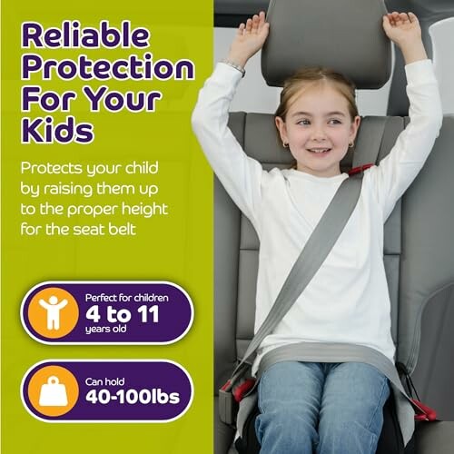 Child in car seat with safety information for ages 4 to 11 years and 40-100lbs.