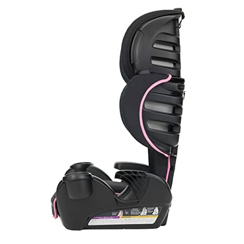 Side view of a child car seat with black and pink accents.