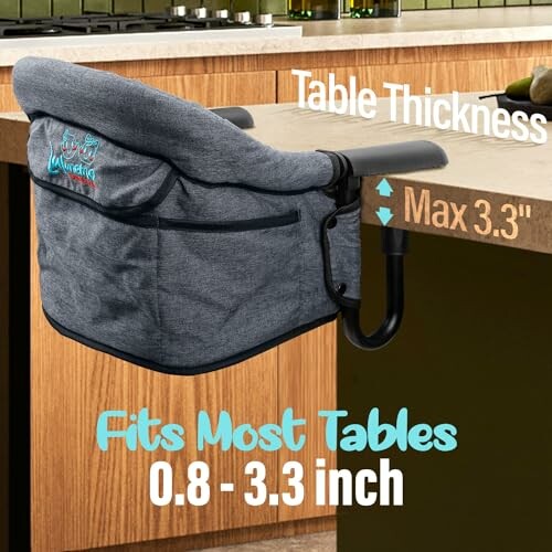 Clip-on highchair attached to a table showing compatibility with table thickness from 0.8 to 3.3 inches.