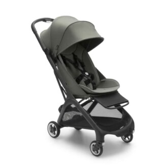 Compact baby stroller with a canopy and mesh basket.