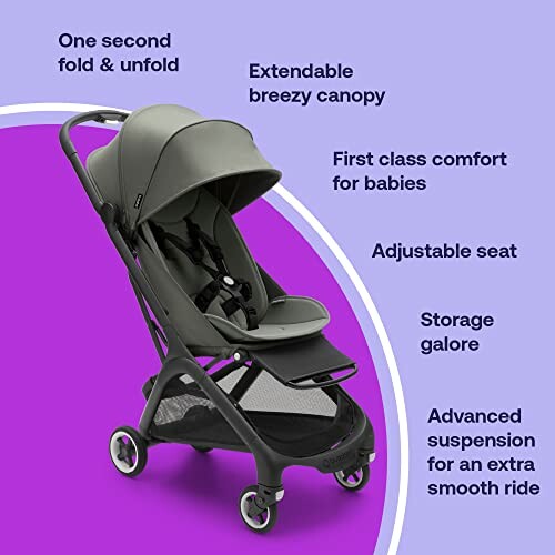 Compact baby stroller with extendable canopy and features listed.