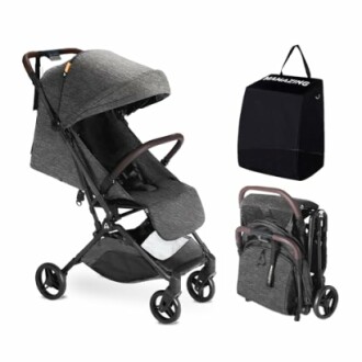 Compact foldable baby stroller with carrying bag.