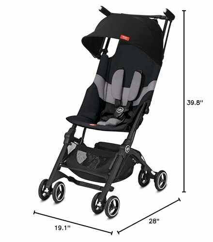 Compact black lightweight stroller with measurements