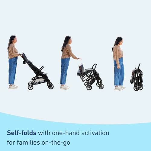 Woman demonstrating a stroller folding sequence in four steps.