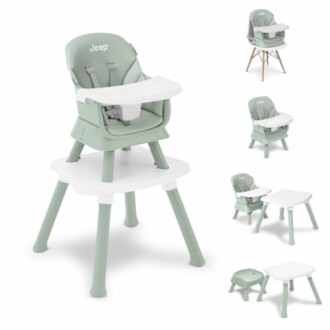 Convertible baby high chair with multiple configurations.