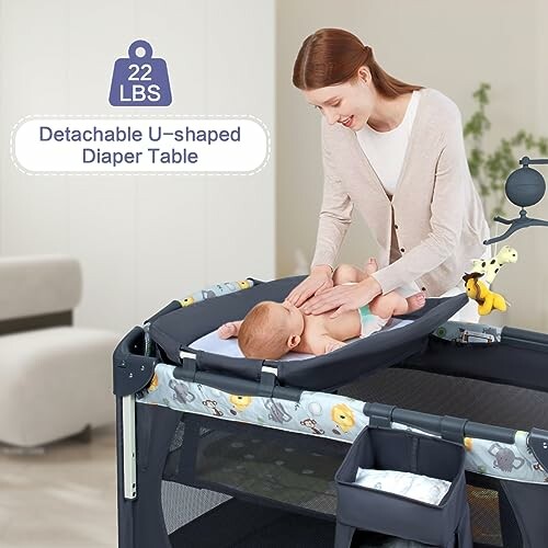 Woman changing baby on detachable U-shaped diaper table.