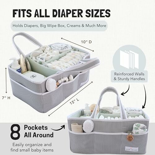 Diaper caddy organizer with multiple pockets and compartments for baby items.