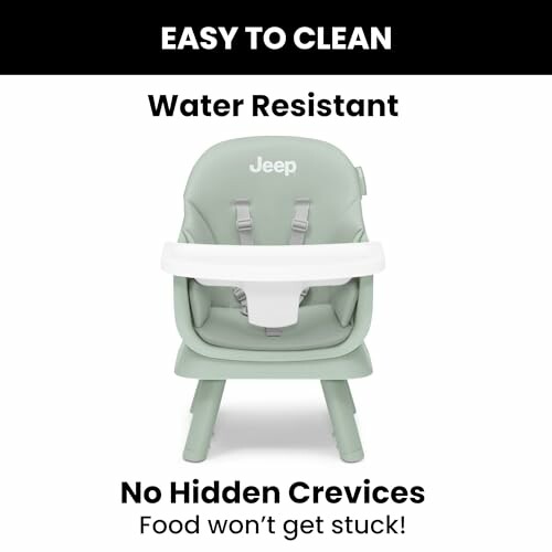 Green high chair with easy to clean and water-resistant features.