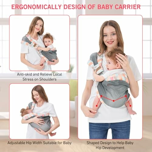 Woman demonstrating ergonomic baby carrier with adjustable features.