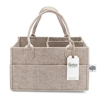 Beige felt storage caddy with handles and compartments