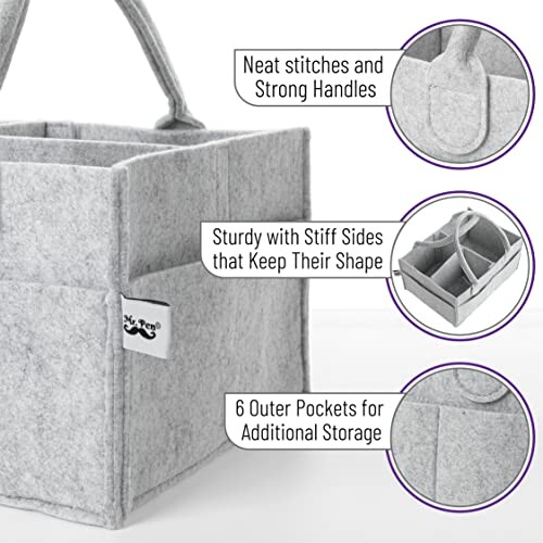 Gray felt storage organizer with strong handles, stiff sides, and outer pockets.