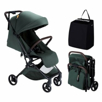 Green foldable stroller with carrying bag