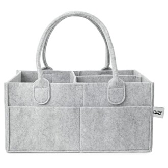 Gray felt organizer caddy with handles and multiple compartments.