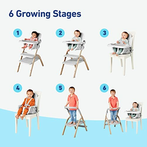 Six stages of a convertible high chair with children demonstrating each stage.