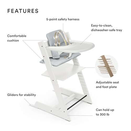 High chair features including safety harness and adjustable seat.